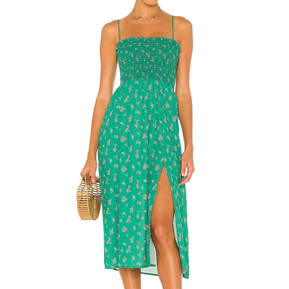 Ashley Midi Dress Green Floral Smock Gardenia Medium w/ Slit Soldout